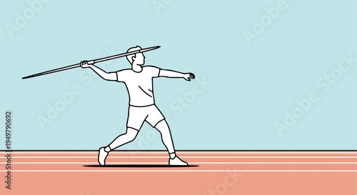 A stylized illustration of an athlete throwing a javelin on a track