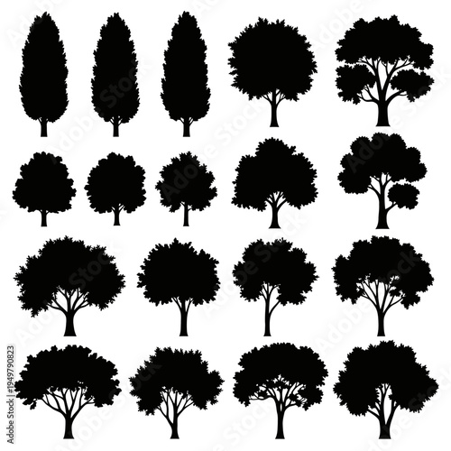 Collection of various tree silhouettes.