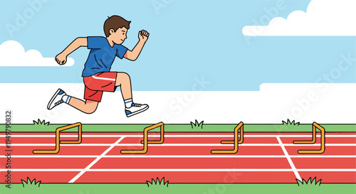 A young athlete in a blue shirt and red shorts hurdles over obstacles on a track