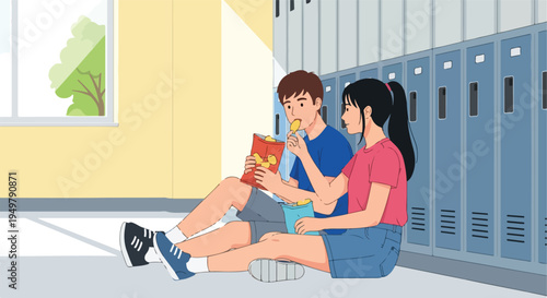 Teenagers sharing snacks by lockers, with a window showing a tree