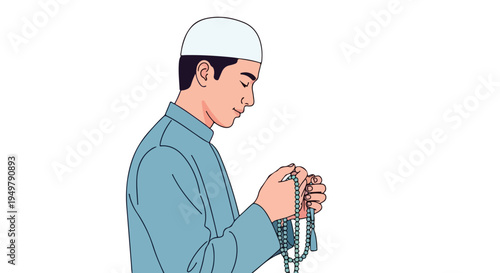 Young person in traditional attire meditates with prayer beads, eyes closed