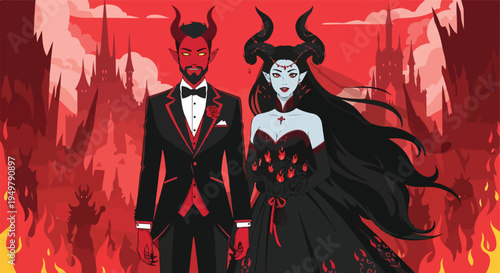 Eerie couple with horns stands against a fiery, gothic backdrop