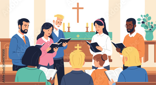 A diverse group of people gather in a church to sing hymns from open books