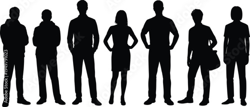 Group of standing people silhouettes including men and woman, diverse casual characters representing everyday lifestyle, community, society and human presence concept