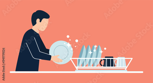 Person washing dishes, placing plate in drying rack with sparkling clean plates and mug