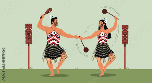 Two figures in traditional attire perform a dance with ceremonial clubs near carved wooden posts