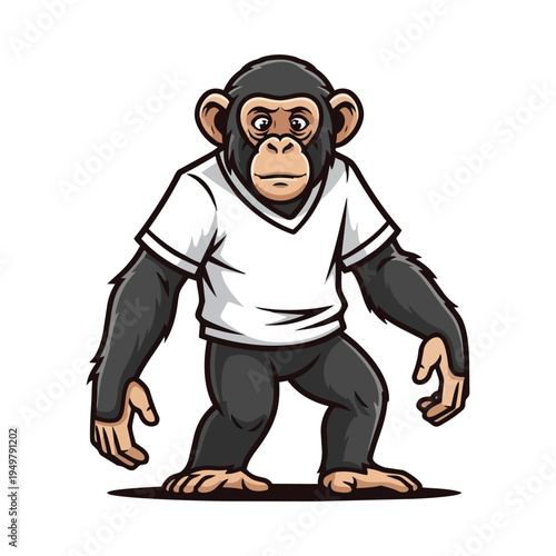 Cartoon monkey in white shirt standing.