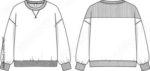 Technical CAD fashion flat vector illustration of a unisex oversized crewneck sweatshirt featuring drop shoulders, ribbed trims, and triangle neck detail.