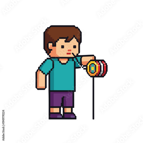 Pixel art boy blowing into a pinwheel on a stick