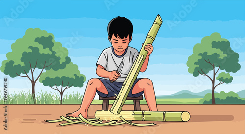 Young person peeling bamboo with a knife in a rural setting