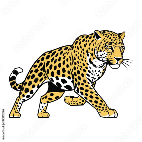 A cartoon leopard walking forward slowly.