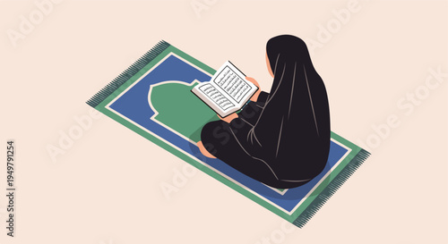 A person in hijab sits on a prayer mat reading a book