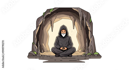 A person in a hooded robe meditates peacefully within a cave