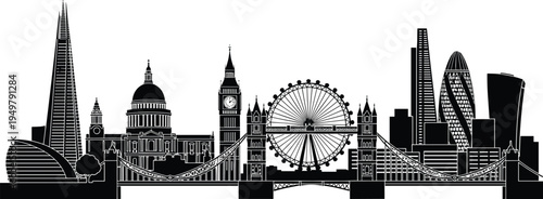 London City Skyline Silhouette Featuring Tower Bridge Big Ben London Eye and Shard Landmarks for United Kingdom Tourism and British Travel
