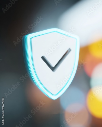 Glowing Digital Shield Icon with Checkmark Symbol Representing Cyber Security and Data Protection Technology for Online Safety and Network Trust Background