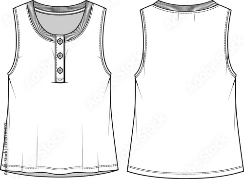 Technical CAD fashion flat vector illustration of women's sleeveless henley tank top featuring ribbed neckline, button placket, and curved hemline.