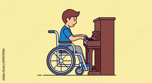 A person in a wheelchair plays a piano with focus and concentration