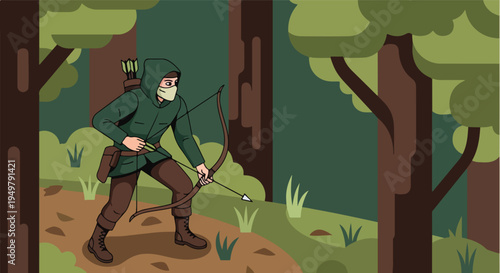 A character with a hooded cloak and mask aims a bow and arrow in a forest
