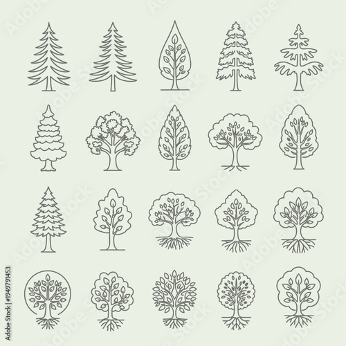 Collection of various tree line art illustrations.