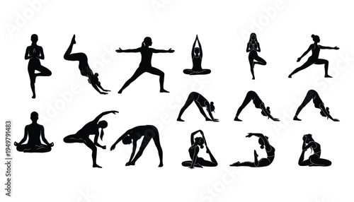 Collection of yoga silhouettes depicting various poses and stretching exercises