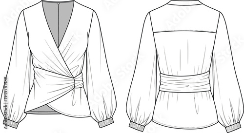 Technical CAD fashion flat vector illustration of women's wrap front blouse featuring deep V-neckline, long bishop sleeves, and pleated waistband.