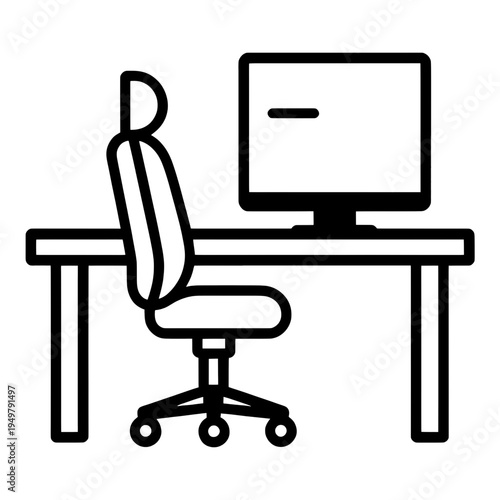 Computer Desk With Chair And Monitor Line Icon