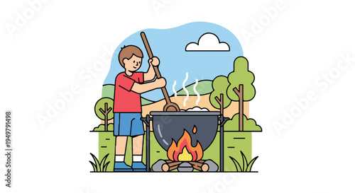 Young boy stirring a pot over a campfire in a scenic outdoor setting