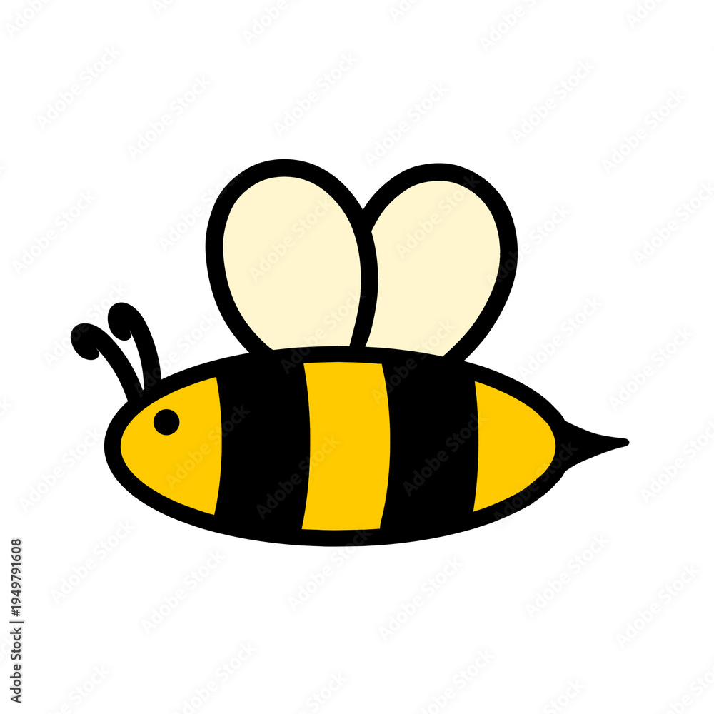 Obraz premium Cute cartoon bee character. Simple flying bumblebee icon. Yellow and black bee illustration. Flying bee logo