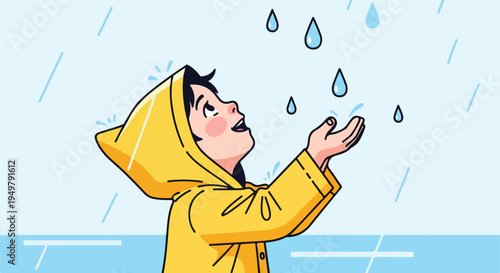 A joyful child in a yellow raincoat catches raindrops in their open hands