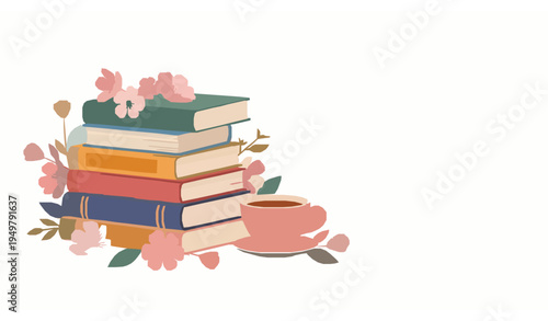 Cozy reading concept with stacked books tea cup and flowers vector design on white background
