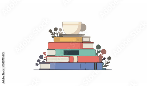 Stack of books with tea cup and flowers flat vector illustration isolated on white background