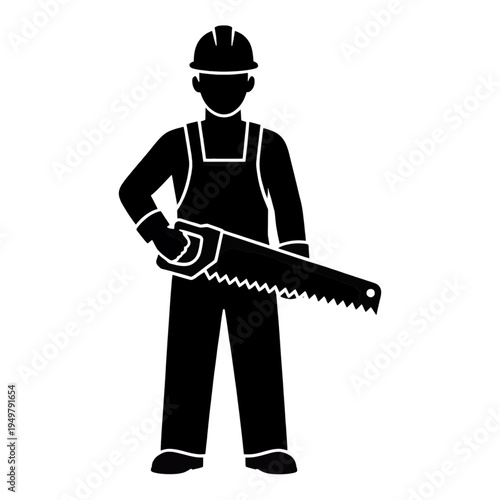 Construction Worker With Hand Saw Line Icon