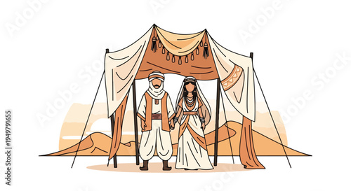 Couple in traditional desert attire stands under a tent with sand dunes behind them