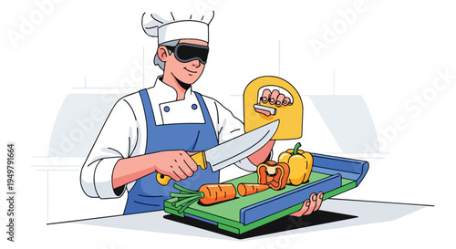 Chef in protective eyewear prepares vegetables on a cutting board for cooking