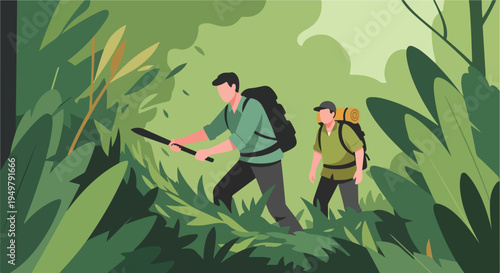 Two adventurers hike through a dense, green jungle