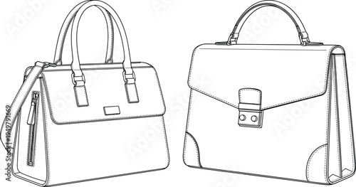 Technical CAD fashion flat vector illustration of professional women's leather handbags featuring top handles, shoulder straps, and detailed hardware accents.
