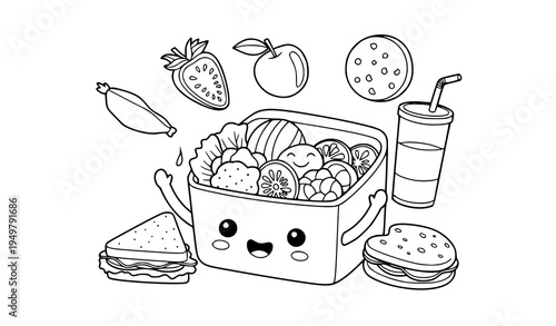 Cute lunch box and snack coloring page for kids printable black and white worksheet