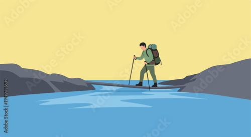 Hiker crosses a narrow log bridge over a blue river, yellow sky