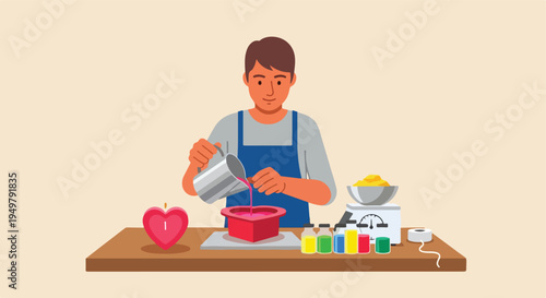 Man pours liquid into mold while crafting heart-shaped candle