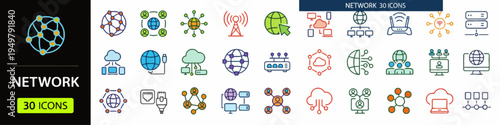 Set of 30 network icons, showcasing various concepts of digital connection, data sharing, and technology systems in a modern, colorful style