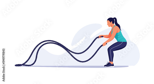 Athletic woman performs vigorous workout with heavy battle ropes