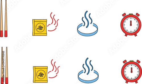 Instant Noodles Preparation Icon Collection Featuring Chopsticks, Soup Pack, Boiling Water, Timer and Steaming Noodles