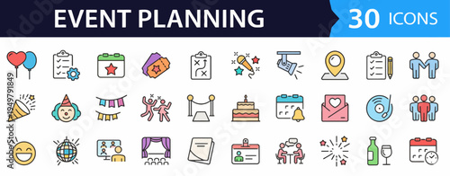 Versatile outline icon set for professional event planning, party organization, and celebration management, perfect for digital and web applications