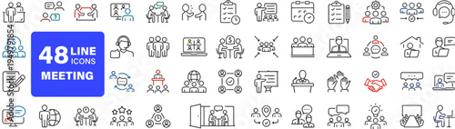 Collection of 48 Line Icons Representing Meeting and Business Concepts in a Professional Setting