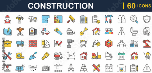 A versatile collection of flat line icons representing various essential aspects of the construction, building, and renovation processes