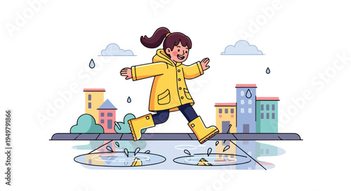 A child in a yellow raincoat joyfully jumps in puddles on a rainy day