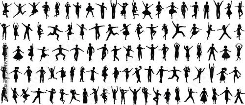 People silhouette collection featuring men women and children dancing jumping running celebrating poses isolated vector set for crowd lifestyle activity design illustration