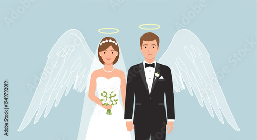 Couple dressed as angels with halos and large feathered wings against pale blue