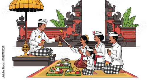 Traditional ceremony with offerings and worship at a temple gate