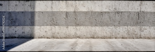 Rough concrete wall building exterior with dark grey facade planes and slate blue details for architectural construction industry marketing background with copy space